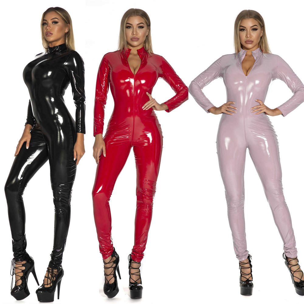 Sewing Latex - ผู้หญิงเซ็กซี่ PU หนัง Faux Jumpsuit แขนยาวซิปเปิด